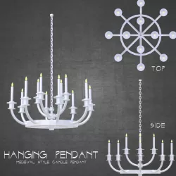 Ceiling hung medieval candle pendant chandelier light fixture  Low-poly  3D model