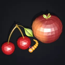 Cherry and Apple with Worm Low-poly  3D model