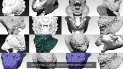 Lot of 3 Animal head Tiger Cat Puma Monkey Gorilla 3D Model Collection