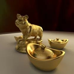 Chinese gold ingot with golden pig 3D model
