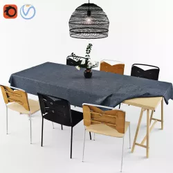 Dining Set - Torso Chair - Wicker Hanging Lamp 3D model