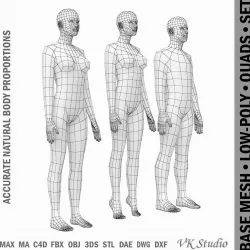 Female and Male Base Mesh Natural Proportions in Rest Pose Low-poly  3D model