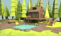 Low-Poly Forest House with Pond Low-poly  3D model