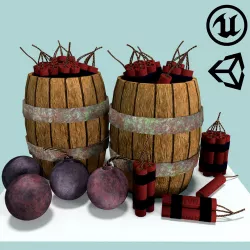 Barrels with Dynamite and Cannonballs and Bomb Low-poly  3D model