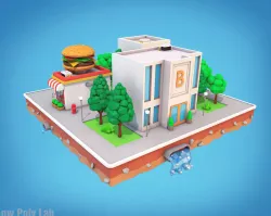 Cartoon City Block Burger Cafe Bank Low-poly  3D model
