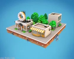 Cartoon City Block Dount Cafe Building Low-poly  3D model