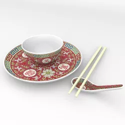 Chinese Porcelain Wan Shou Rice Soup Bowl Set 3D model