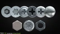 FREE 3D scene hex nut and screw heads for v-ray Free 3D model