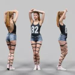 Girl in Jeans Short Strings and 82 Tshirt Posed Hands on Head Low-poly  3D model
