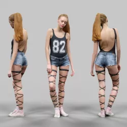Girl in Jeans Short Strings and 82 Tshirt Posed Looking Down Low-poly  3D model