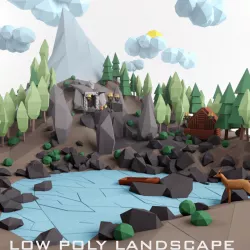 Low poly lanscape mountain hill tree lake and other items Low-poly  3D model