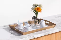 Porcelain breakfast set on a wooden tray 3D model