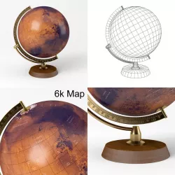 Mars Globe with Wooden Stand and Brass Elements - Martian Map Low-poly  3D model