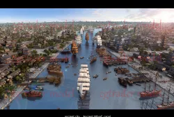 River Wharf in Ancient Chinese City Low-poly  3D model