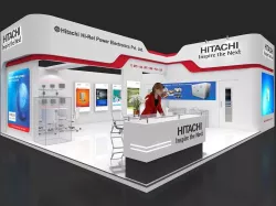 Exhibition stall 3d model 75 sq mtr 2 sides open Hitachi Stand 3D model