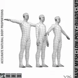 Male Body Base Mesh in 3 Poses with Detailed Head and Limbs Low-poly  3D model