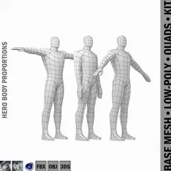 Male Hero Base Mesh in Three Poses Low-poly  3D model