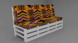 White wood  three seater sofa with African Ghanaian Kante Fabric 3D model