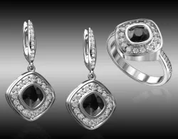 diamond ring and earrings with black chrysoprase gem 3D print model