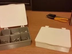 Multi-partition storage box with hinged lid.