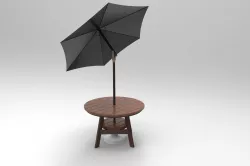 Round Wood Table With Umbrella 3D model