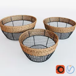 Black Iron Wire Round Wide-Mouth Basket With Seagrass 3D model