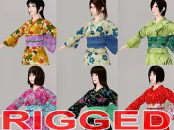 T pose rigged model of 6 girls in kimono 3D model