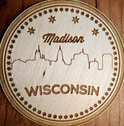 Laser cut coaster of the Madison skyline