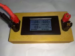 Voltage and current consumption meter case with mounts for 4mm banana plug jacks.