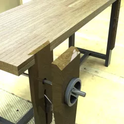 Modern Roubo Woodworking Workbench with crisscross scissor arm leg vise
