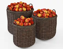 Wicker Basket 7 Walnut Brown Color with Apples 3D model