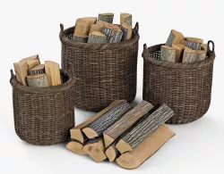 Wicker Basket 7 Walnut Brown Color with Firewood 3D model