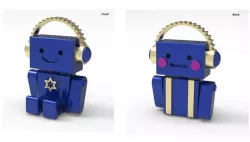 Mini robot listening to music miniature