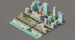 Low poly city with various buildings on the bank of the river Low-poly  3D model