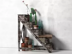 Staircase Stand with Flowers Pots Bottles and Paper 3D model