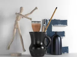 Wooden Mannequin Brushes in Pitcher and Bottle 3D model