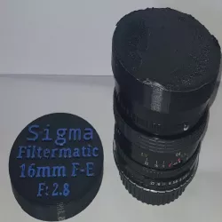 Sigma 16mm Filtermatic Fish-Eye f:2.8; Lens cap and lens hood 