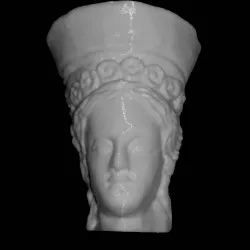 Head of a large terracotta statue of a female with a tall kalathos (basket-shaped) crown decorated with flowers at The British Museum, London