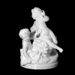 Two infants quarreling over a (missing) bunch of flowers beside a broken vase