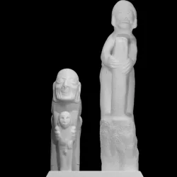 Limestone figure of an old man and boy and Stone figure of old man holding a serpent staff