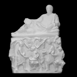 Cinerary Urn with Lid: Reclining Man with Omphalos Bowl