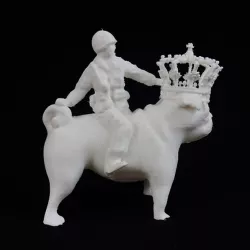 Titled: "Wishful Thinking, riding my Pug called Marie-Antoinette"