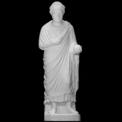 Limestone statue of a wreathed boy holding a ball or piece of fruit