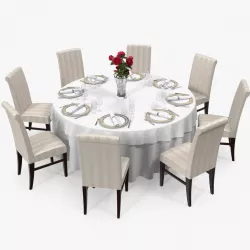 Round Restaurant Table Served With 8 Chairs 3d model
