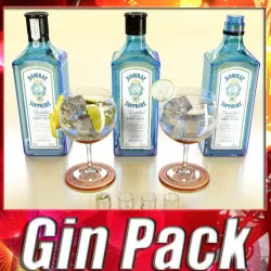 Bombay Sapphire Bottle, Gin Tonic and Gin Shot. 3d model