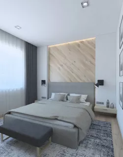 Cozy bedroom with wooden wall 3d model