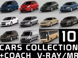10 cars collection plus coach 3d model