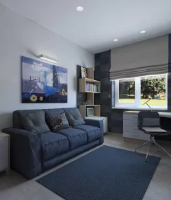 Comfortable working room with a blue sofa. 3d model