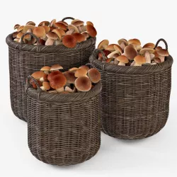 Wicker Basket 07 Walnut Brown Color with Mushrooms 3d model