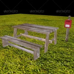 Low Poly Table, Bench and Mailbox